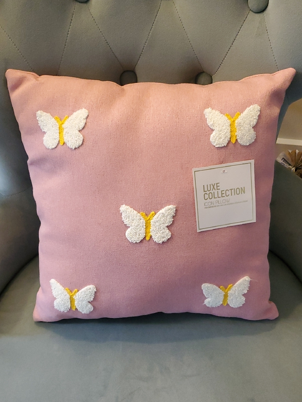 Luxe Pink Pillow with White & Yellow Butterfly Embroidery